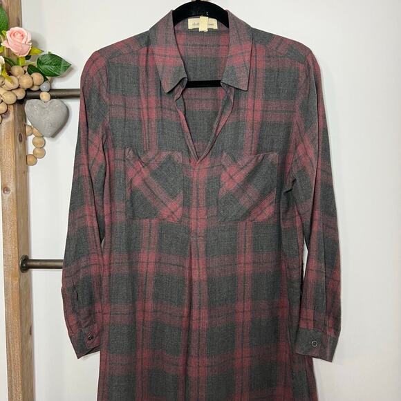 Cloth and Stone Faded Red Gray Plaid Rayon Tunic Dress Size Small - Picture 3 of 8